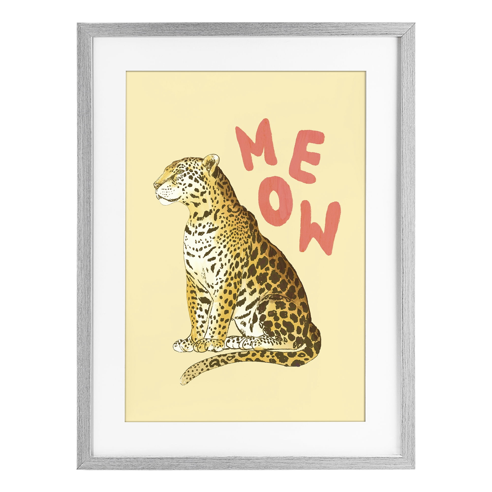 Stupell Industries Meow Leopard on Yellow Gray Framed Print Under Glass, design by Florentina Dolci