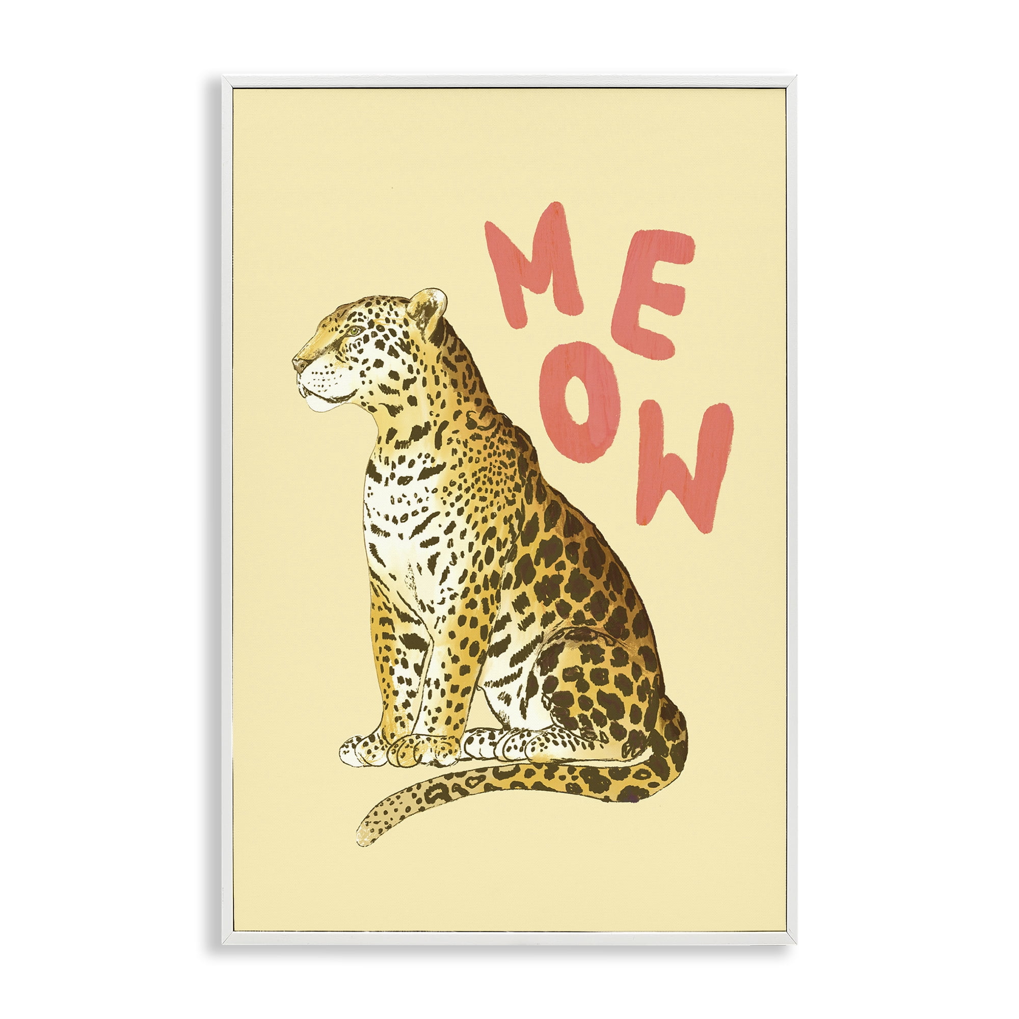 Stupell Industries Meow Leopard on Yellow White Framed Giclee Art, design by Florentina Dolci