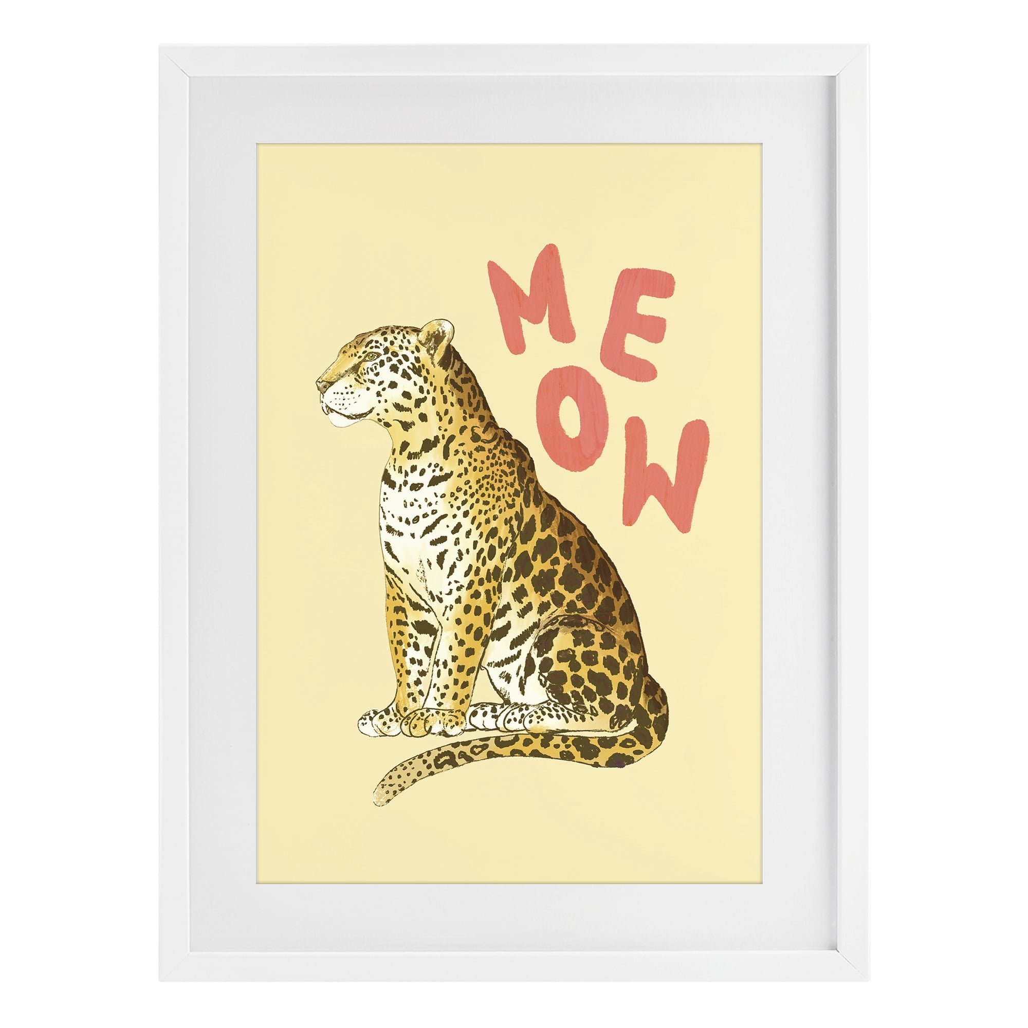 Stupell Industries Meow Leopard on Yellow White Framed Print Under Glass, design by Florentina Dolci