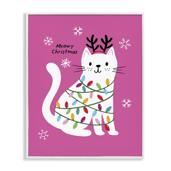 Stupell Industries Meowy Christmas Cat Pun Animals Painting White Framed Art Print Wall Art, 11 x 14