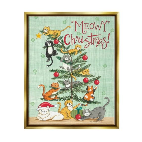 Stupell Industries Meowy Christmas Holiday Cats Holiday Painting Gold Floater Framed Art Print Wall Art, 17 x 21