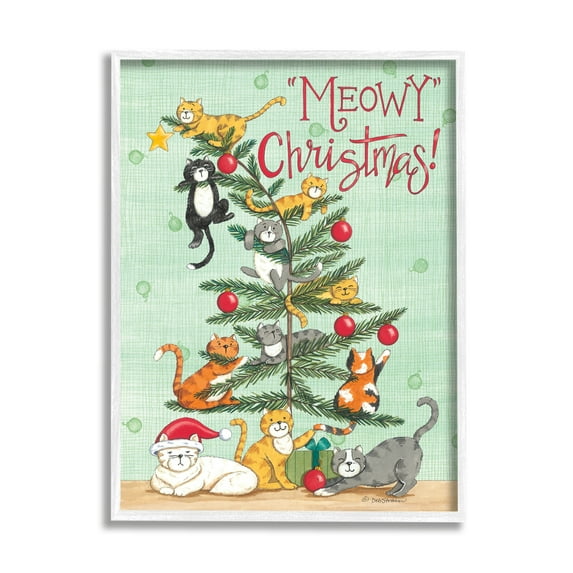Stupell Industries Meowy Christmas Holiday Cats Holiday Painting White Framed Art Print Wall Art, 16 x 20