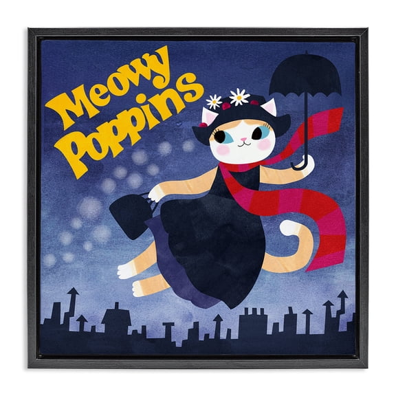 Stupell Industries Meowy Poppins Cat Parody Black Framed Floater Canvas Wall Art design by Angie Rozelaar, 25 x 25