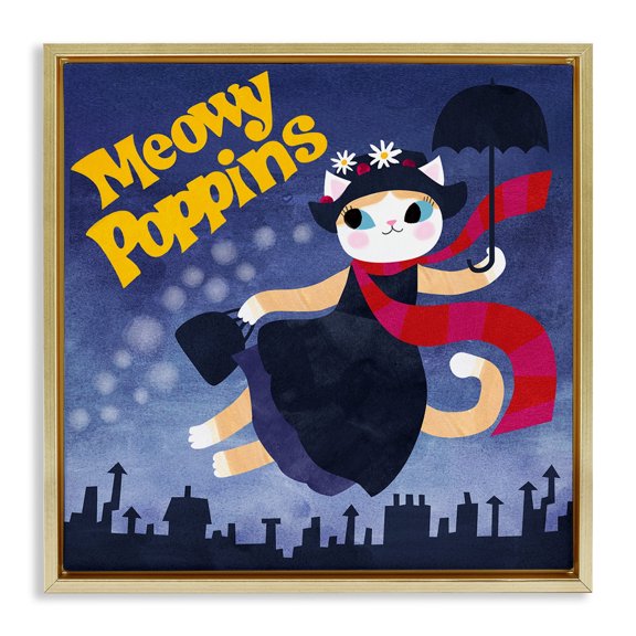 Stupell Industries Meowy Poppins Cat Parody Gold Framed Floater Canvas Wall Art design by Angie Rozelaar, 25 x 25