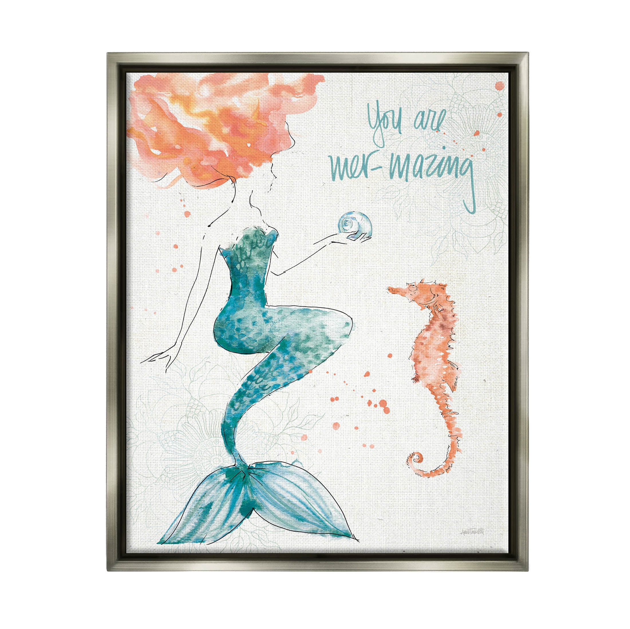 Stupell Industries Mer-Mazing Uplifting Mermaid Phrase Graphic Art Luster Gray Floating Framed Canvas Print Wall Art, Design by Anne Tavoletti