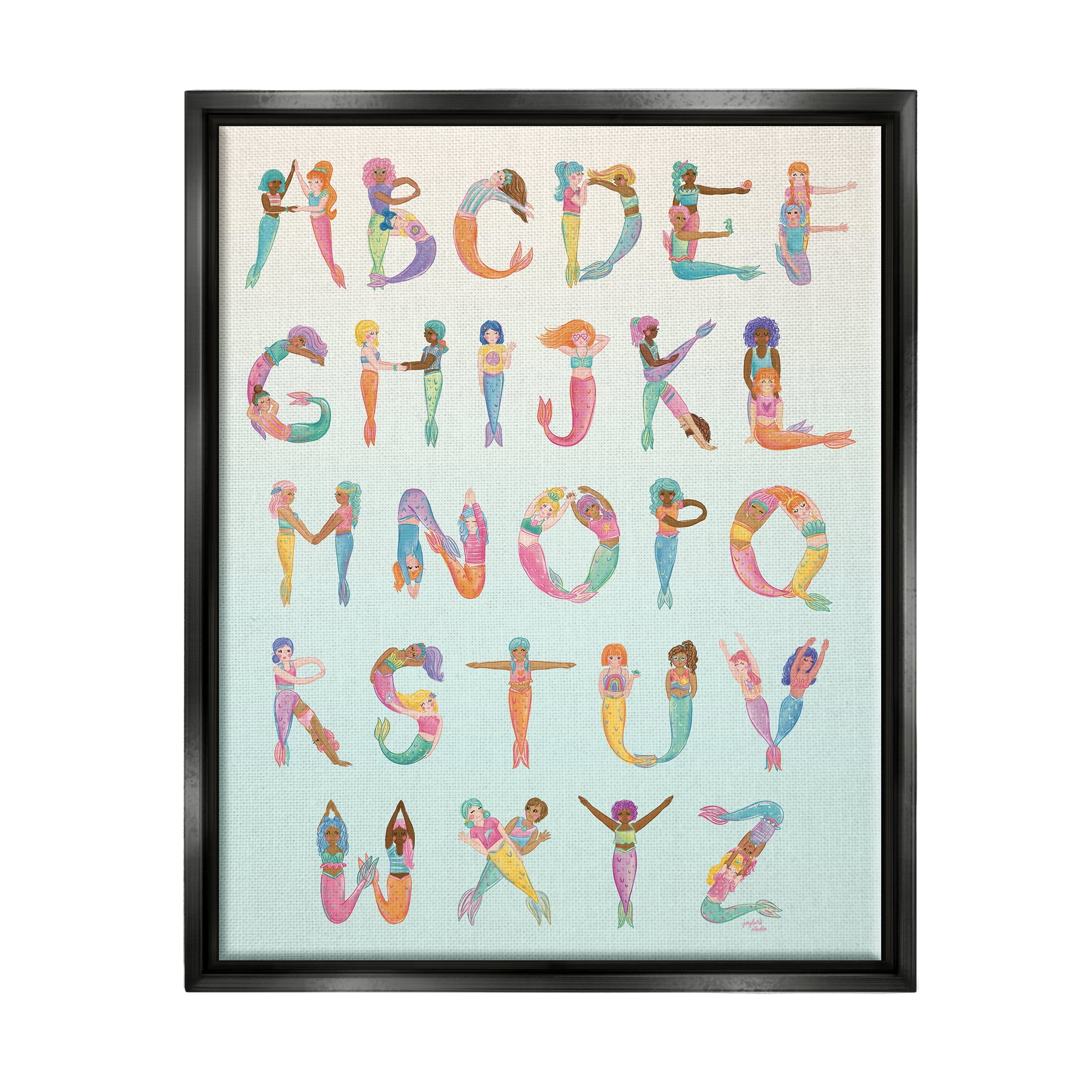 Stupell Industries Mermaid Alphabet Letters Typography Painting Black Floater Framed Art Print Wall Art, 25 x 31