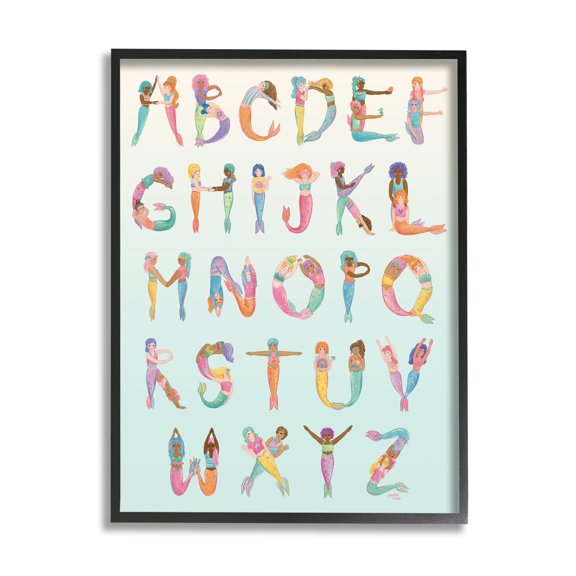 Stupell Industries Mermaid Alphabet Letters Typography Painting Black Framed Art Print Wall Art, 11 x 14