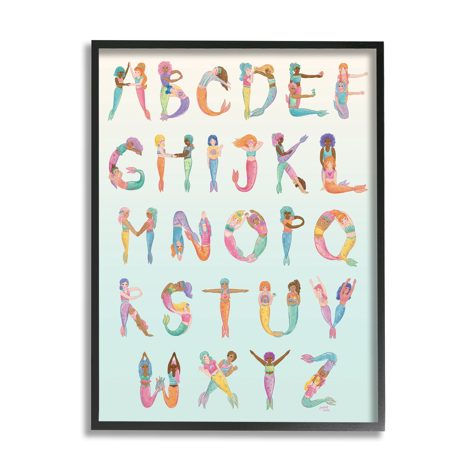 Stupell Industries Mermaid Alphabet Letters Typography Painting Black Framed Art Print Wall Art, 16 x 20
