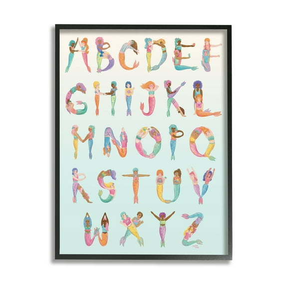 Stupell Industries Mermaid Alphabet Letters Typography Painting Black Framed Art Print Wall Art, 24 x 30