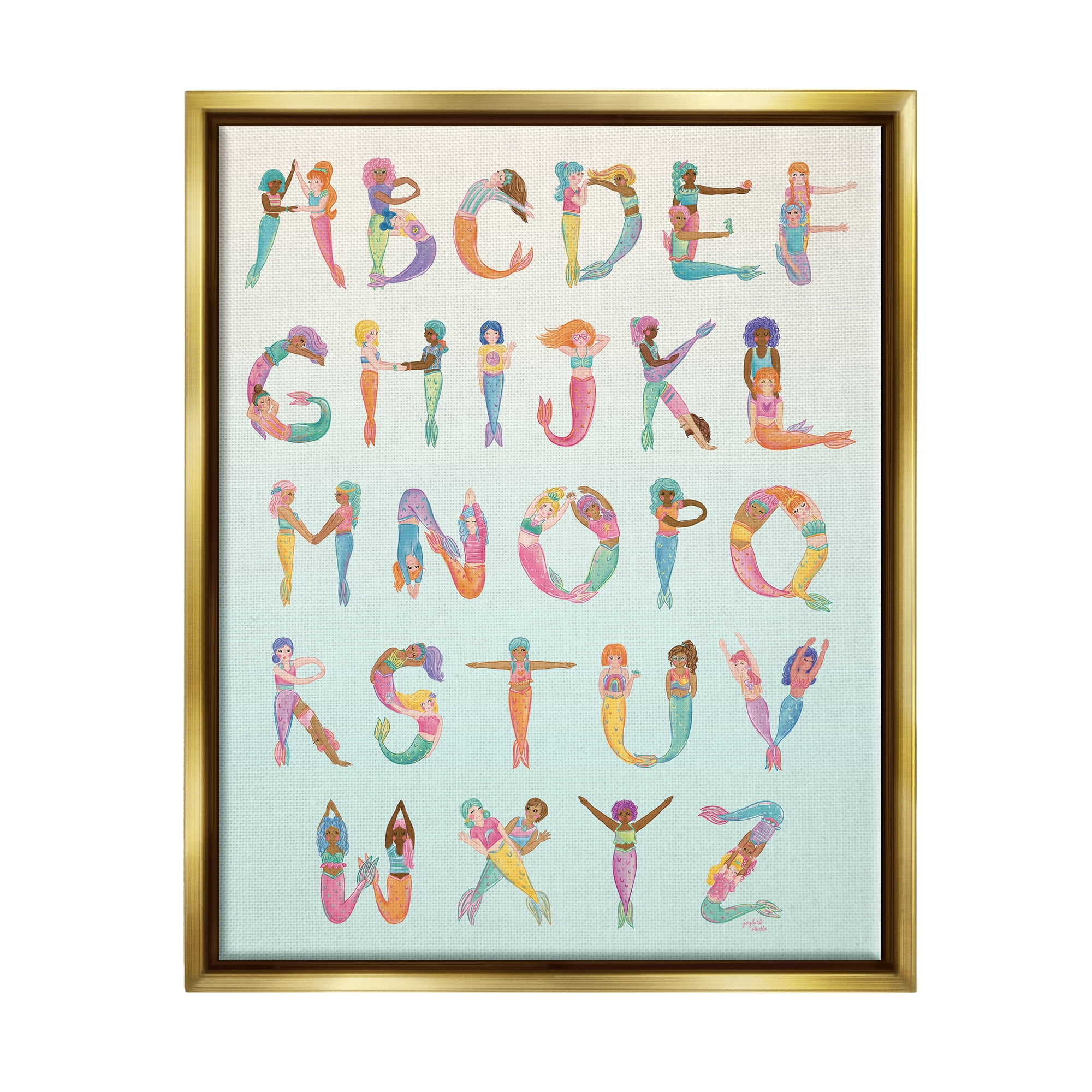 Stupell Industries Mermaid Alphabet Letters Typography Painting Gold Floater Framed Art Print Wall Art, 25 x 31