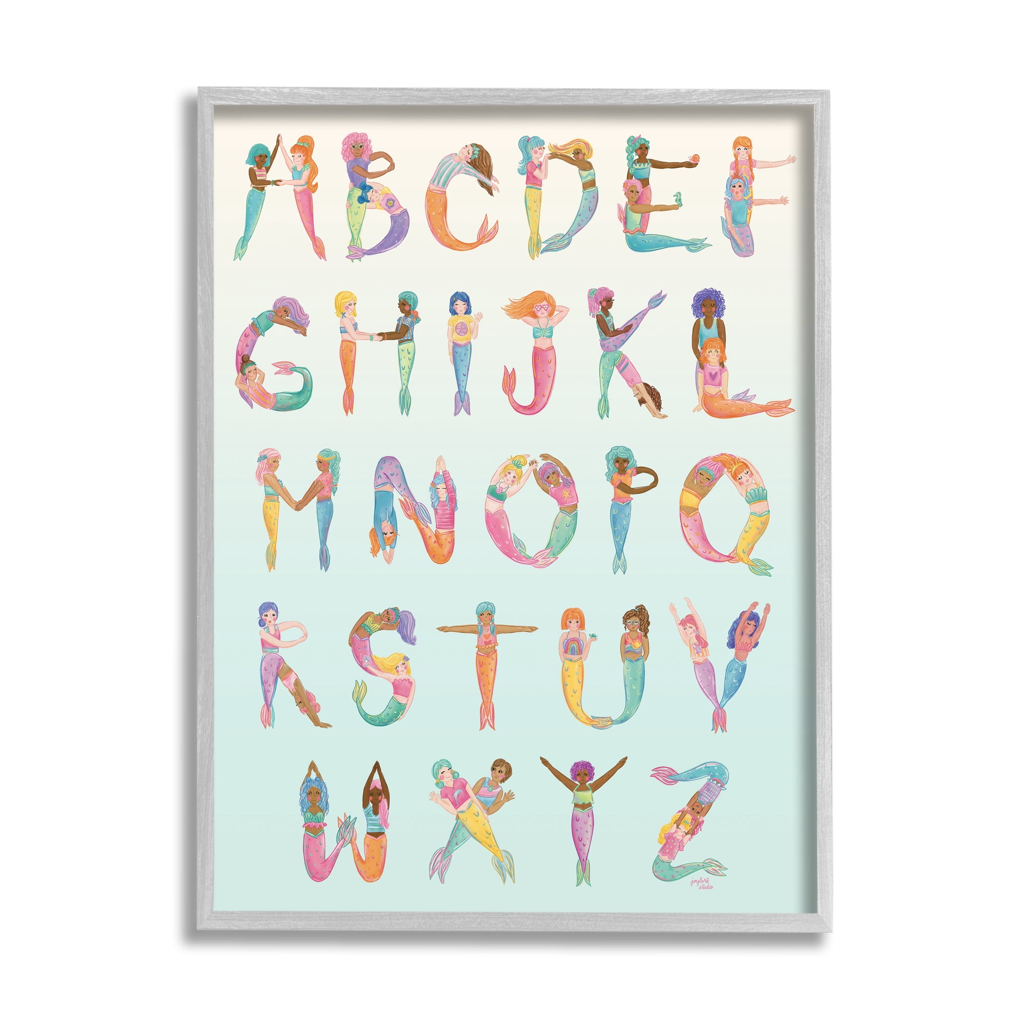 Stupell Industries Mermaid Alphabet Letters Typography Painting Gray Framed Art Print Wall Art, 16 x 20