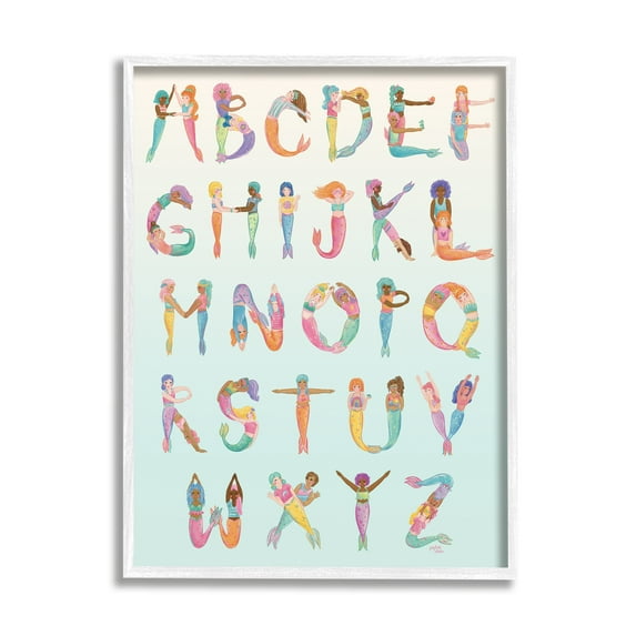 Stupell Industries Mermaid Alphabet Letters Typography Painting White Framed Art Print Wall Art, 16 x 20