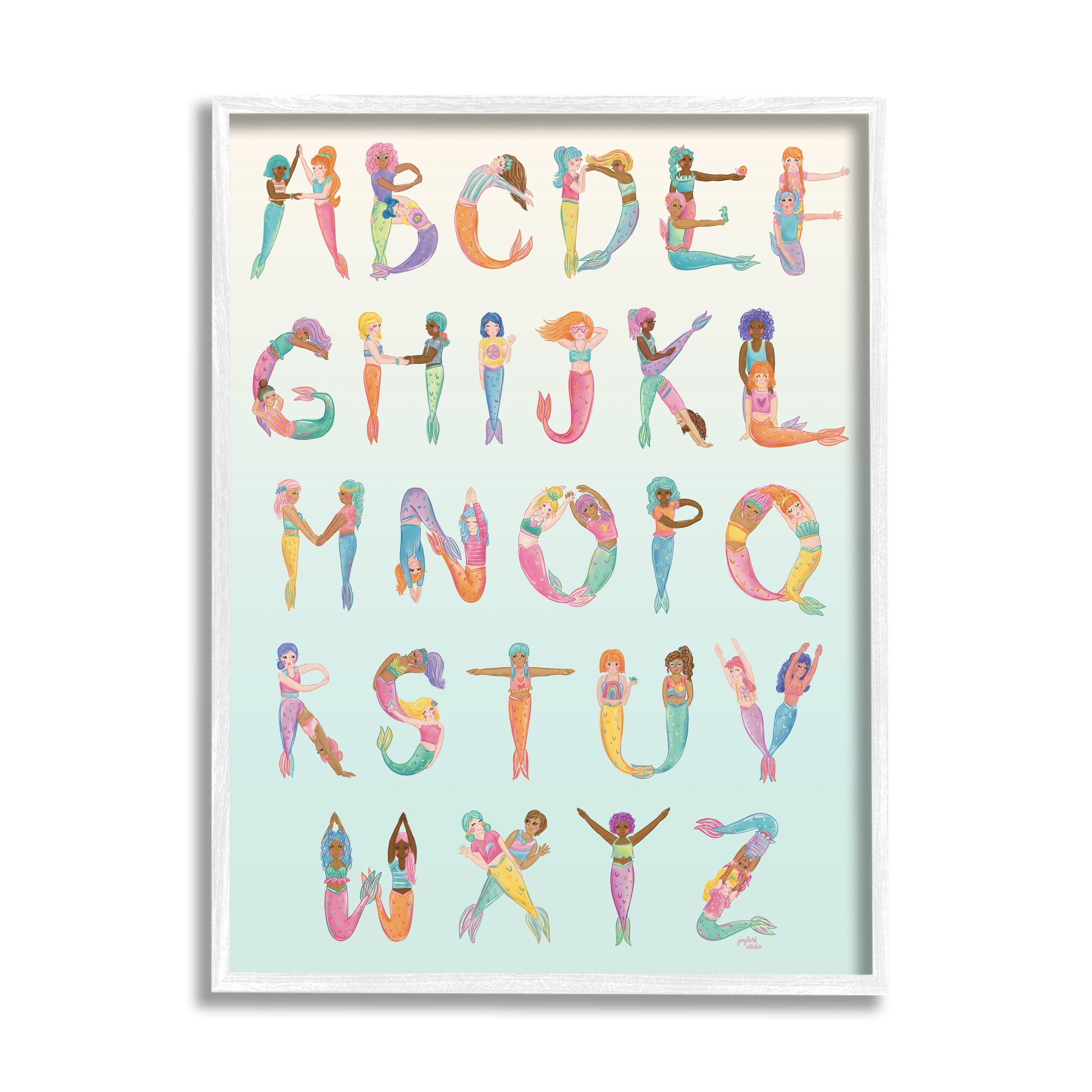 Stupell Industries Mermaid Alphabet Letters Typography Painting White Framed Art Print Wall Art, 24 x 30