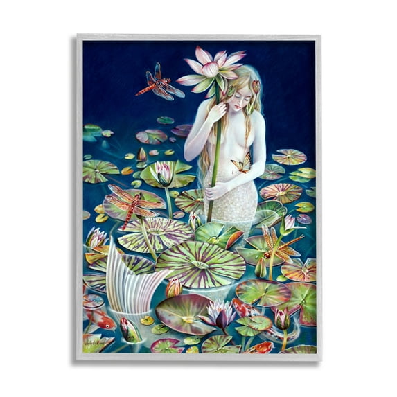 Stupell Industries Mermaid Among Water Lilies Floral Pond Woman Painting Gray Framed Art Print Wall Art, Design by Sheila Wolk