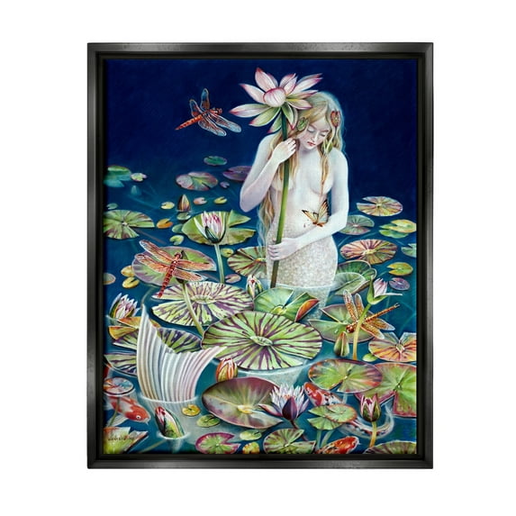 Stupell Industries Mermaid Among Water Lilies Floral Pond Woman Painting Jet Black Floating Framed Canvas Print Wall Art, Design by Sheila Wolk