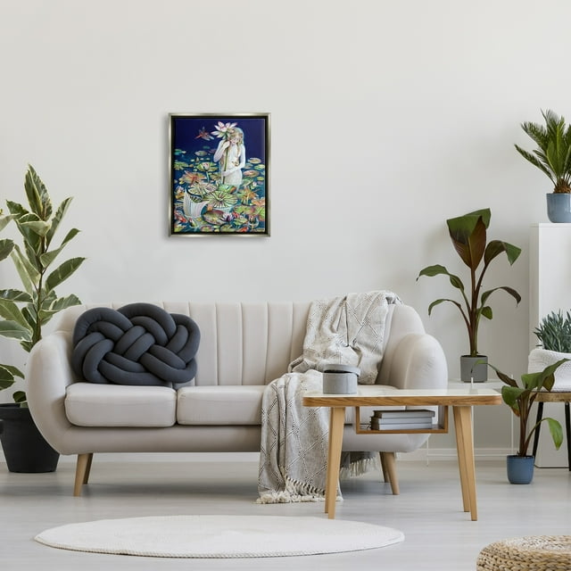 Stupell Industries Mermaid Among Water Lilies Floral Pond Woman Painting Luster Gray Floating Framed Canvas Print Wall Art, Design by Sheila Wolk