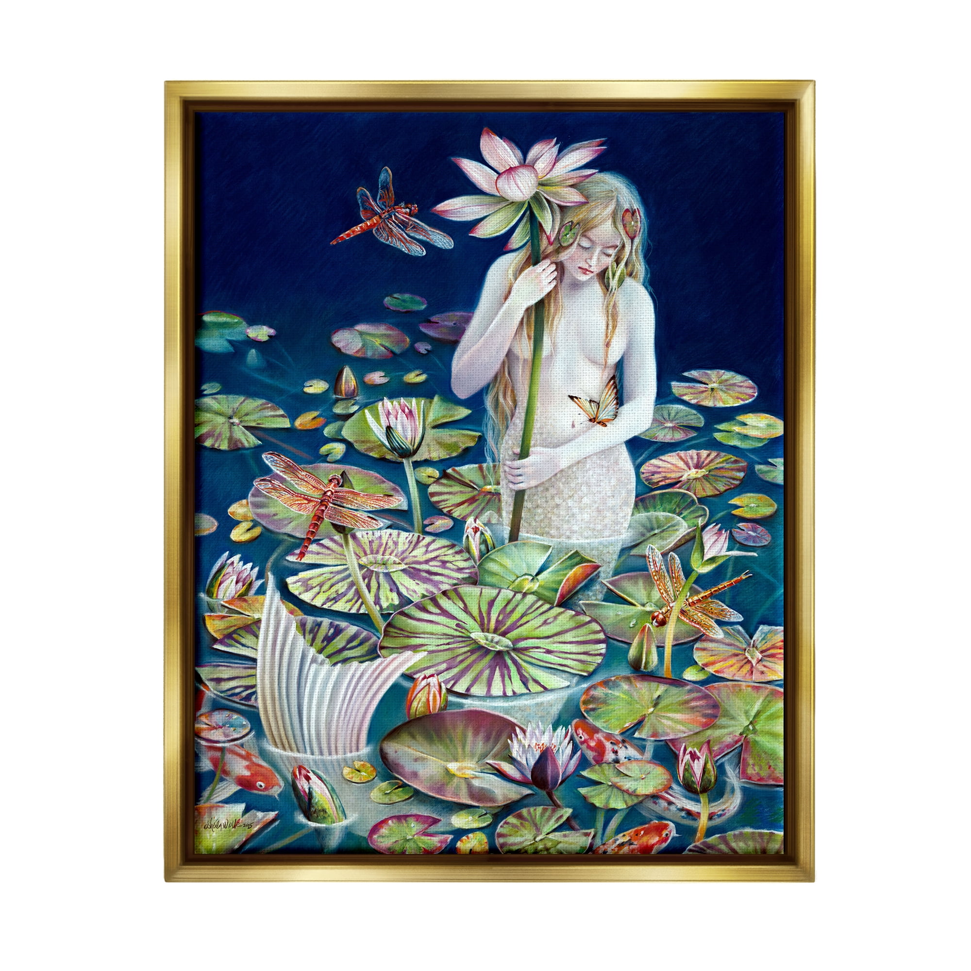 Stupell Industries Mermaid Among Water Lilies Floral Pond Woman Painting Metallic Gold Floating Framed Canvas Print Wall Art, Design by Sheila Wolk