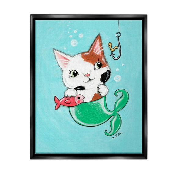 Stupell Industries Mermaid Cat with Fish Animals & Insects Painting Black Floater Framed Canvas Art Print Wall Art, 25 x 31
