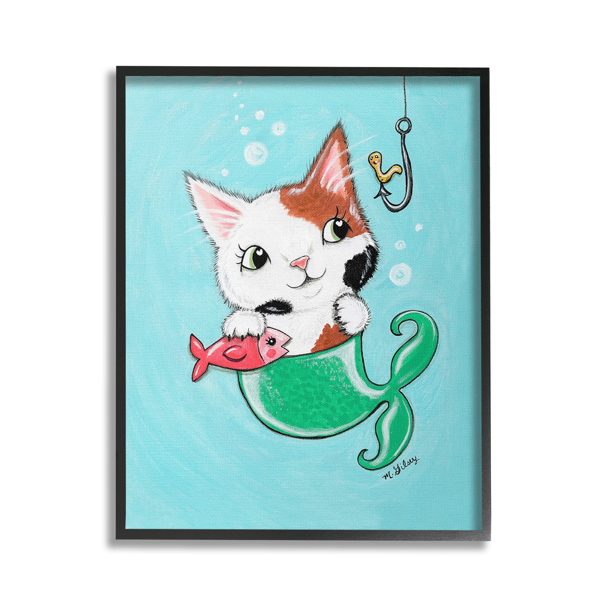 Stupell Industries Mermaid Cat with Fish Animals & Insects Painting Black Framed Art Print Wall Art, 24 x 30