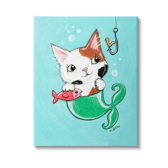 Stupell Industries Mermaid Cat with Fish Animals & Insects Painting Gallery Wrapped Canvas Art Print Wall Art, 24 x 30