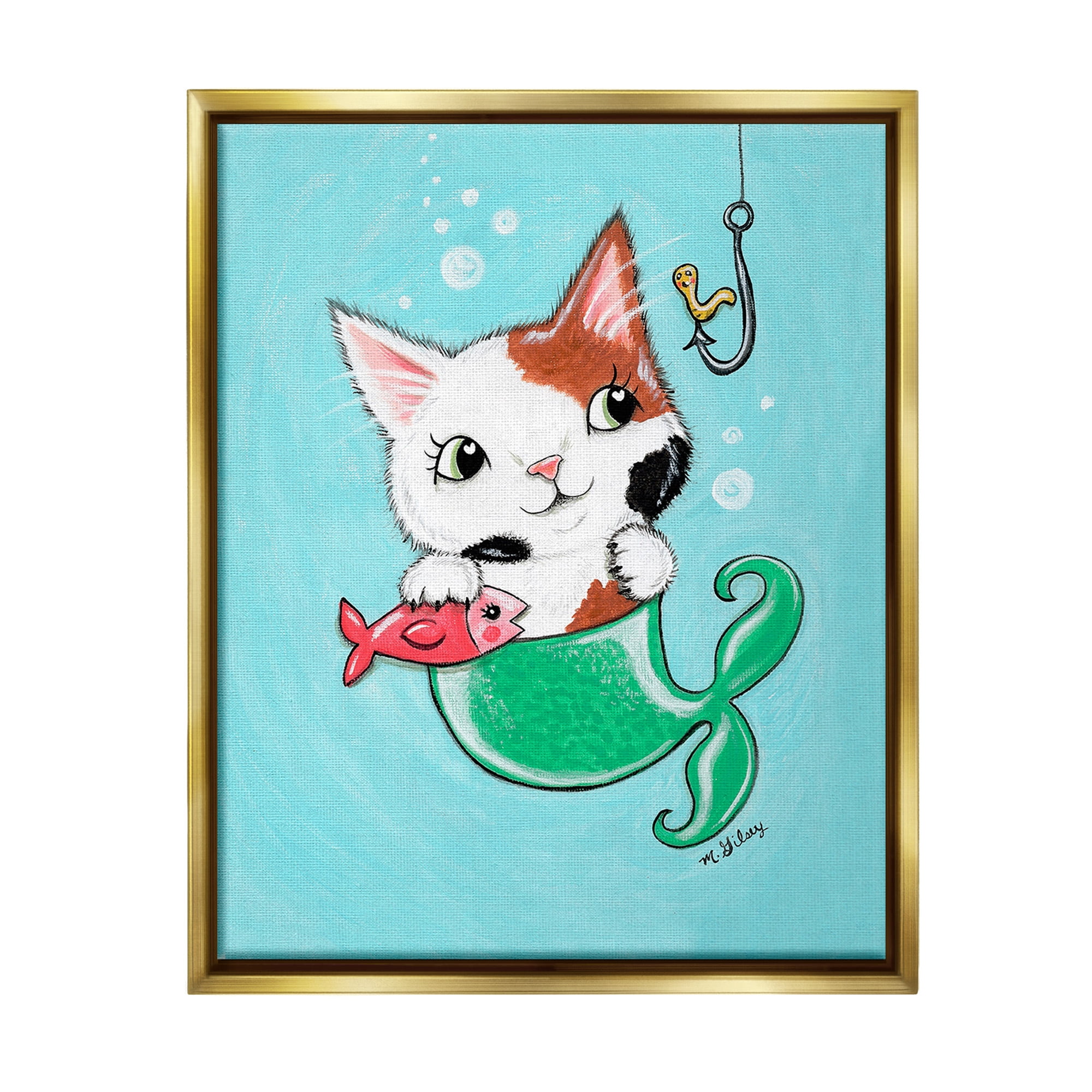 Stupell Industries Mermaid Cat with Fish Animals & Insects Painting Gold Floater Framed Canvas Art Print Wall Art, 25 x 31
