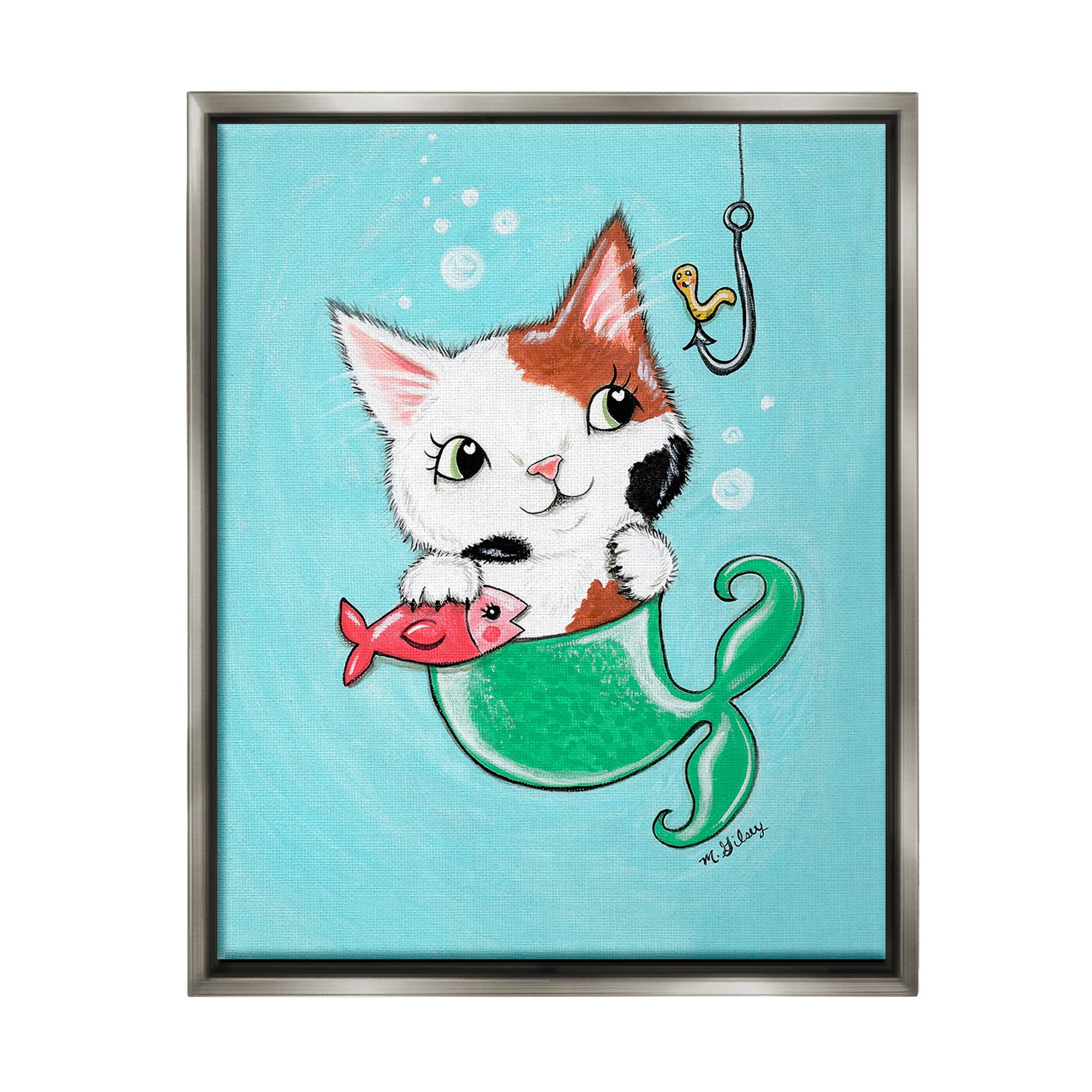 Stupell Industries Mermaid Cat with Fish Animals & Insects Painting Gray Floater Framed Canvas Art Print Wall Art, 17 x 21
