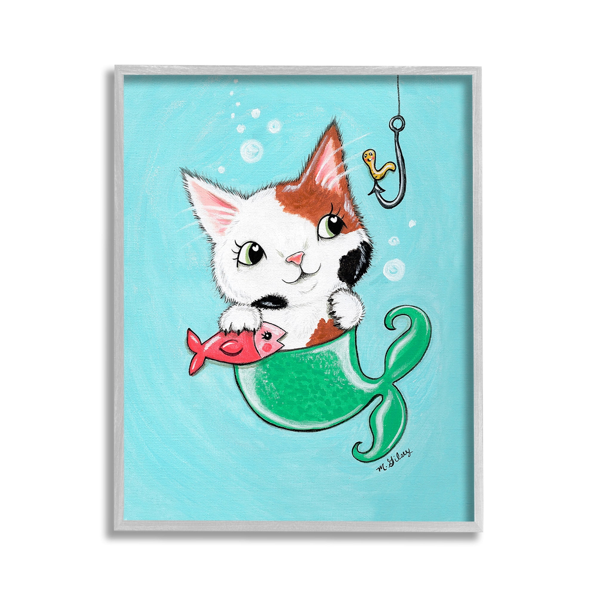 Stupell Industries Mermaid Cat with Fish Animals & Insects Painting Gray Framed Art Print Wall Art, 11 x 14