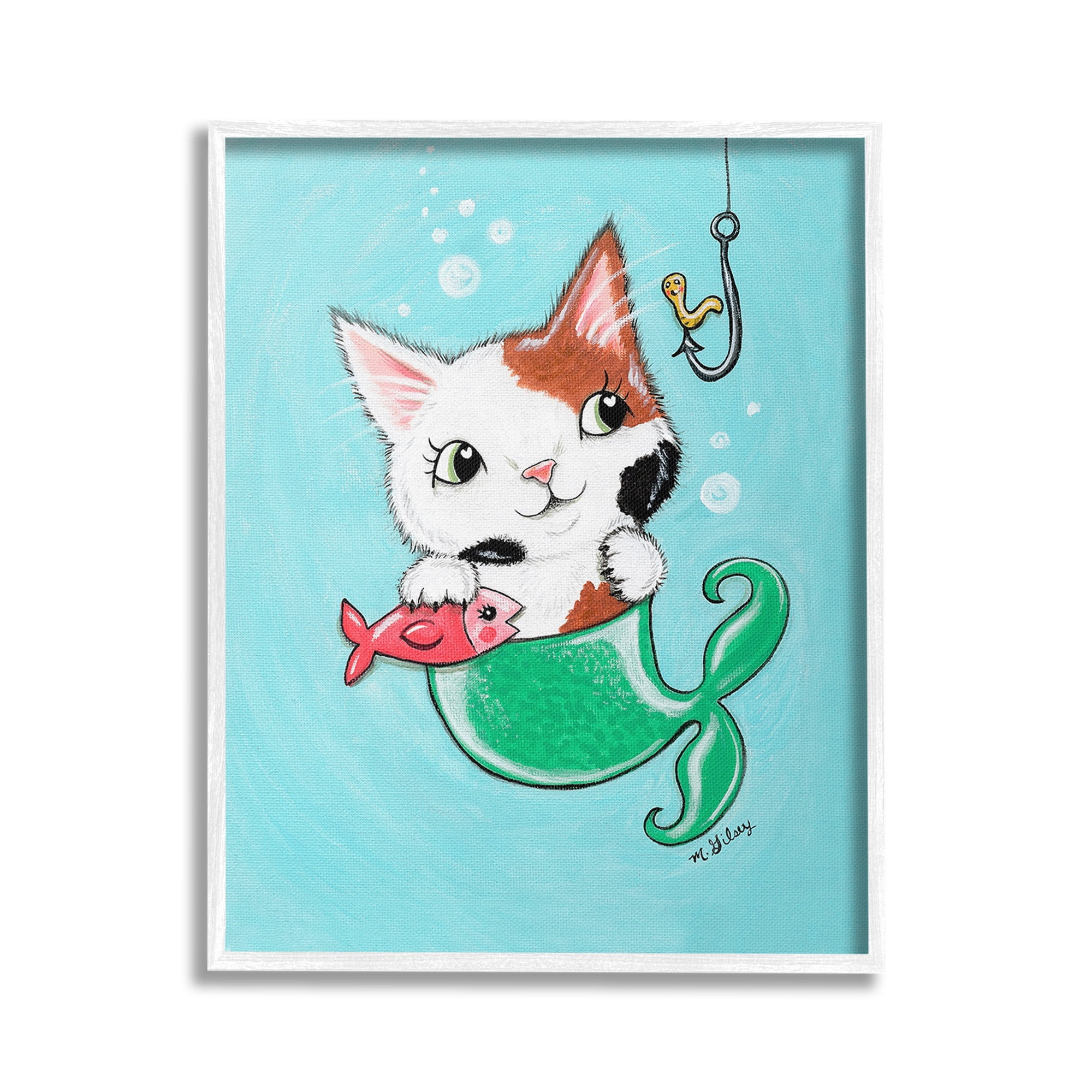Stupell Industries Mermaid Cat with Fish Animals & Insects Painting White Framed Art Print Wall Art, 16 x 20