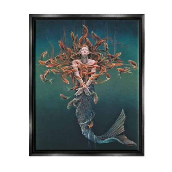 Stupell Industries Mermaid Fish Swirling Painting Fairy Tales & Fantasy Painting Black Floater Framed Art Print Wall Art