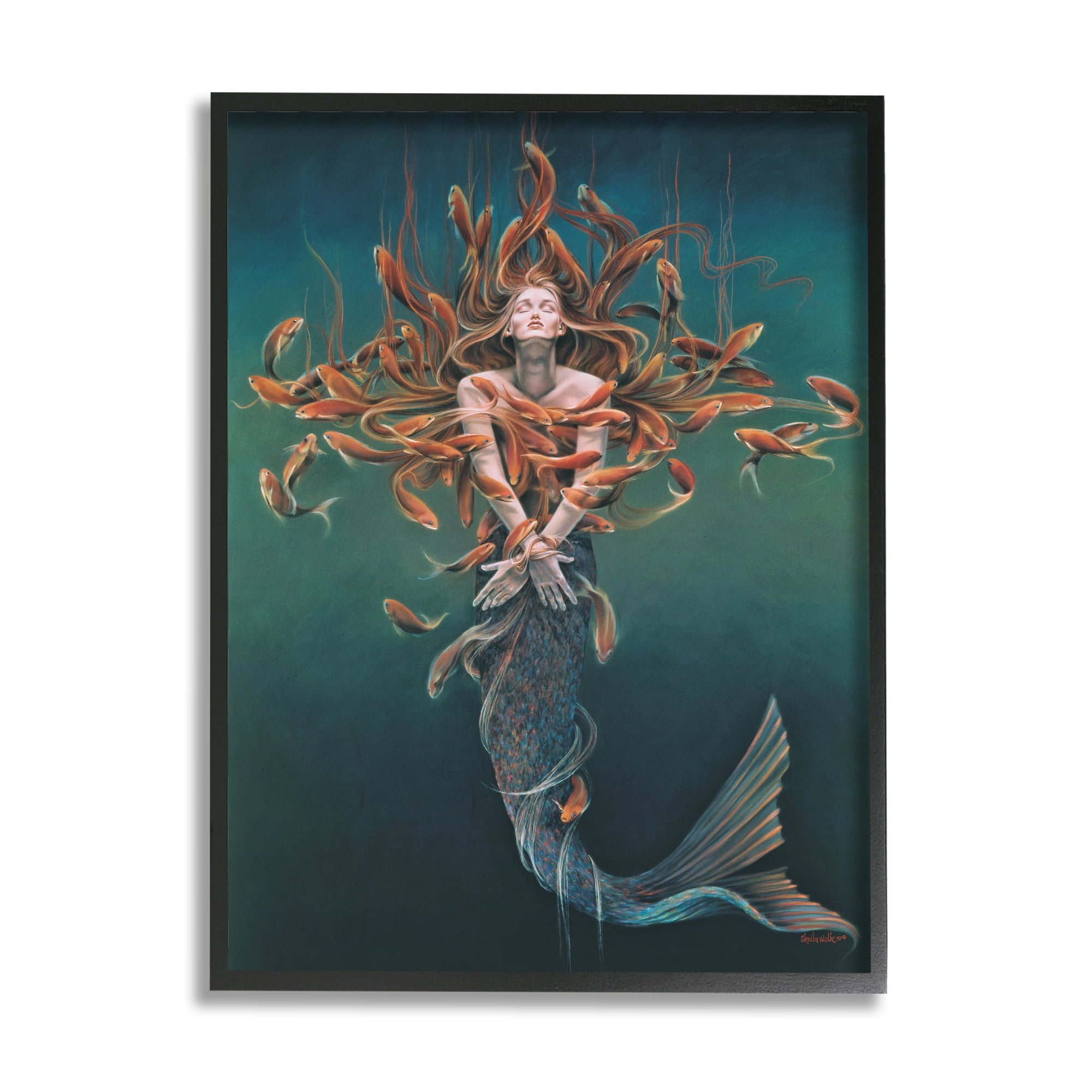 Stupell Industries Mermaid Fish Swirling Painting Fairy Tales & Fantasy Painting Black Framed Art Print Wall Art
