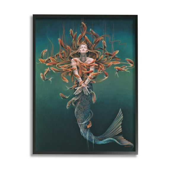 Stupell Industries Mermaid Fish Swirling Painting Fairy Tales & Fantasy Painting Black Framed Art Print Wall Art
