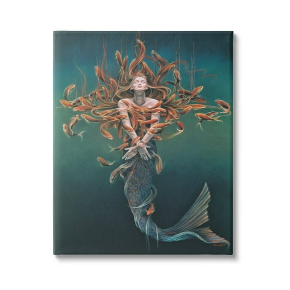 Stupell Industries Mermaid Fish Swirling Painting Fairy Tales & Fantasy Painting Gallery Wrapped Canvas Print Wall Art