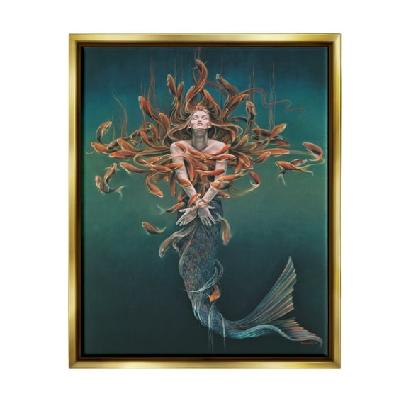 Stupell Industries Mermaid Fish Swirling Painting Fairy Tales & Fantasy Painting Gold Floater Framed Art Print Wall Art
