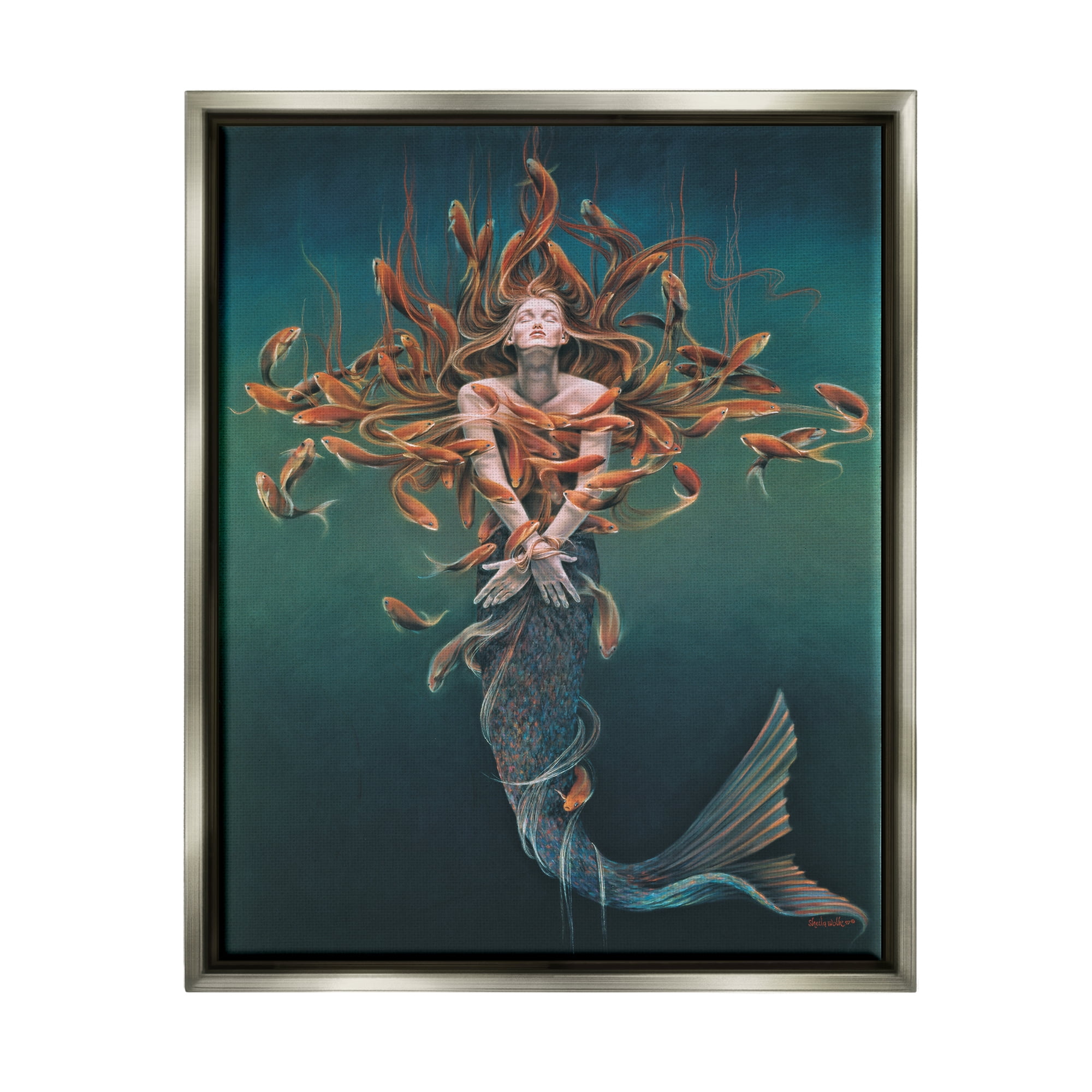 Stupell Industries Mermaid Fish Swirling Painting Fairy Tales & Fantasy Painting Gray Floater Framed Art Print Wall Art