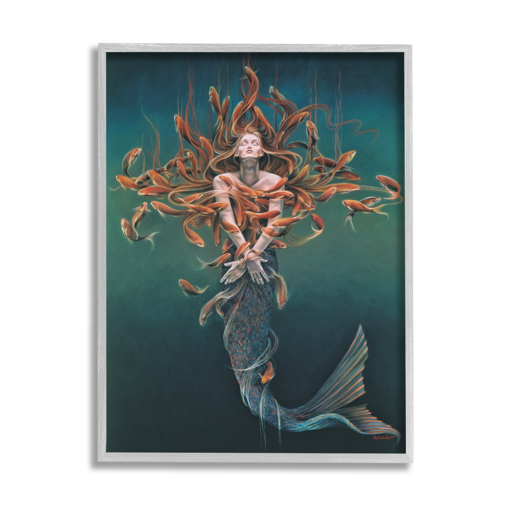 Stupell Industries Mermaid Fish Swirling Painting Fairy Tales & Fantasy Painting Gray Framed Art Print Wall Art