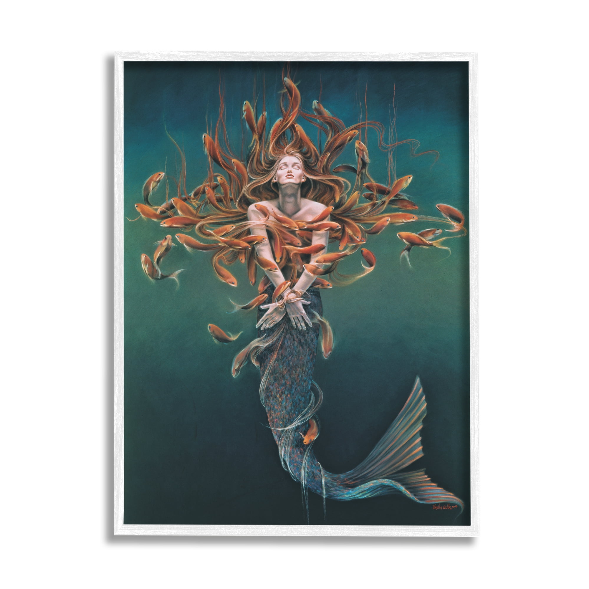 White Framed Mermaid Fish Fantasy Canvas Print, 11 x 14