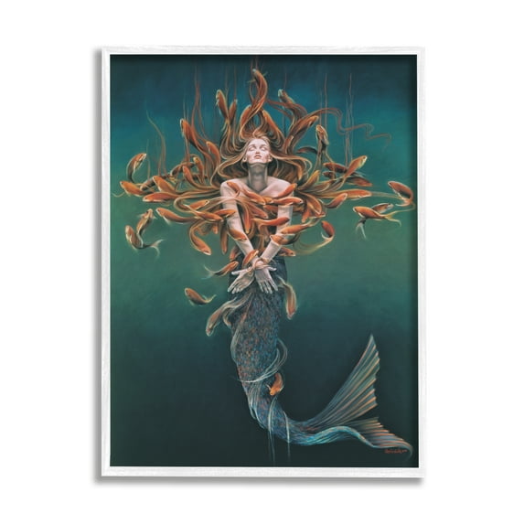 Stupell Industries Mermaid Fish Swirling Painting Fairy Tales & Fantasy Painting White Framed Art Print Wall Art