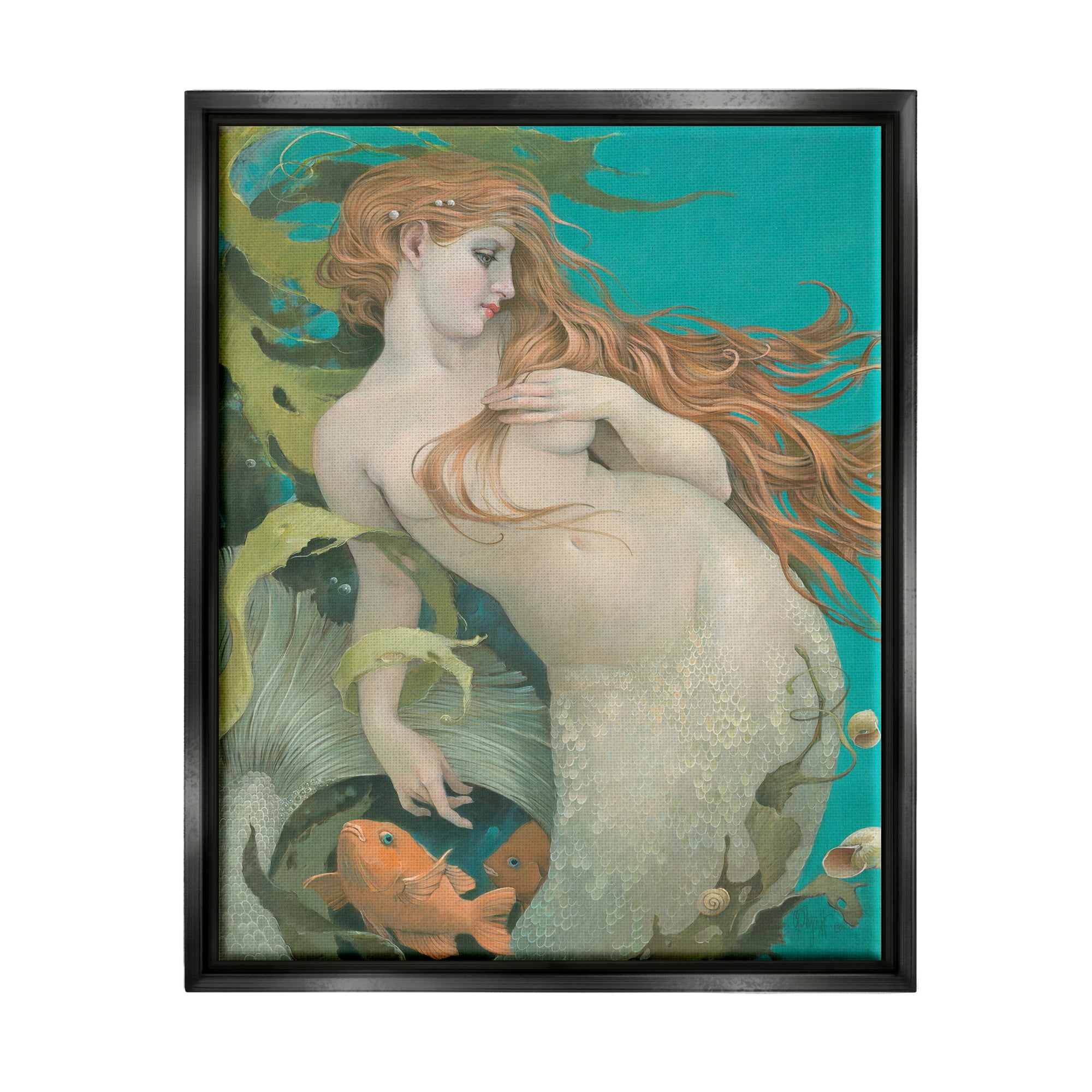 Stupell Industries Mermaid & Fish Underwater Fairy Tales & Fantasy Painting Black Floater Framed Art Print Wall Art, 17 x 21