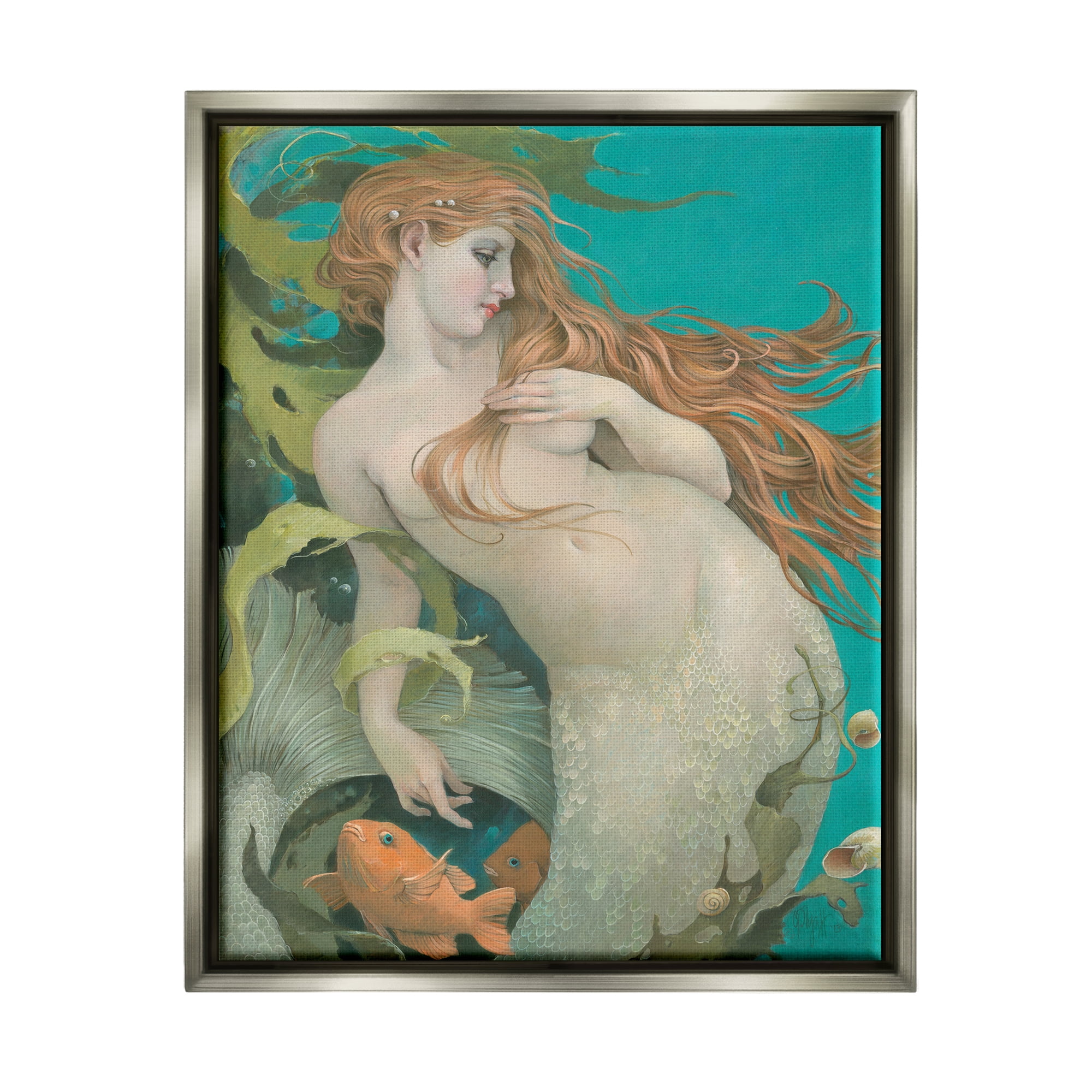 Stupell Industries Mermaid & Fish Underwater Fairy Tales & Fantasy Painting Gray Floater Framed Art Print Wall Art, 25 x 31