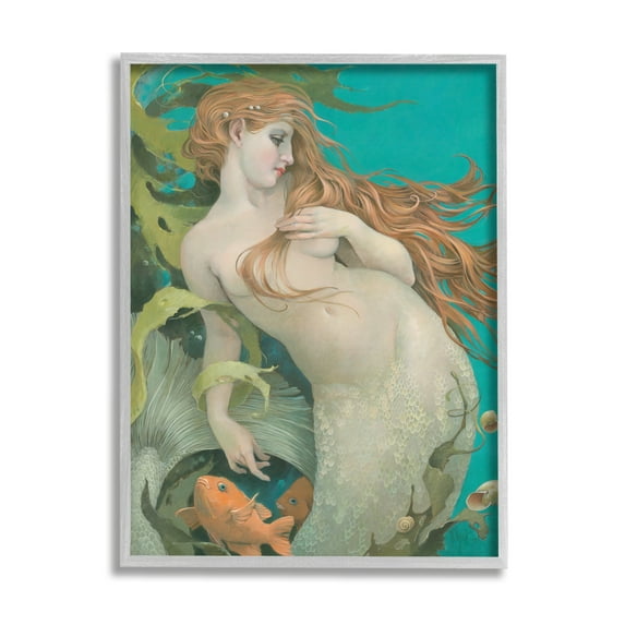 Stupell Industries Mermaid & Fish Underwater Fairy Tales & Fantasy Painting Gray Framed Art Print Wall Art, 16 x 20