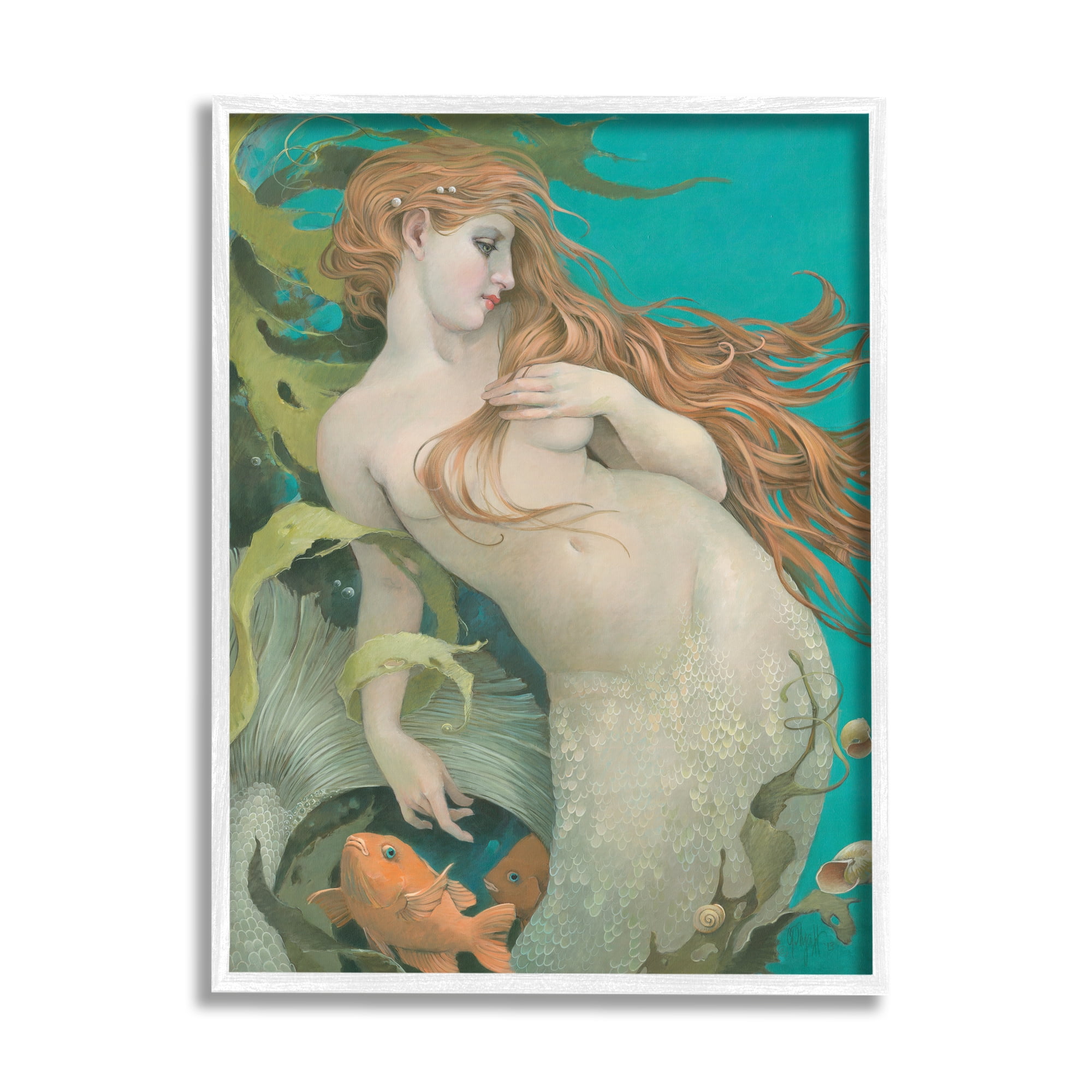 Stupell Industries Mermaid & Fish Underwater Fairy Tales & Fantasy Painting White Framed Art Print Wall Art, 24 x 30