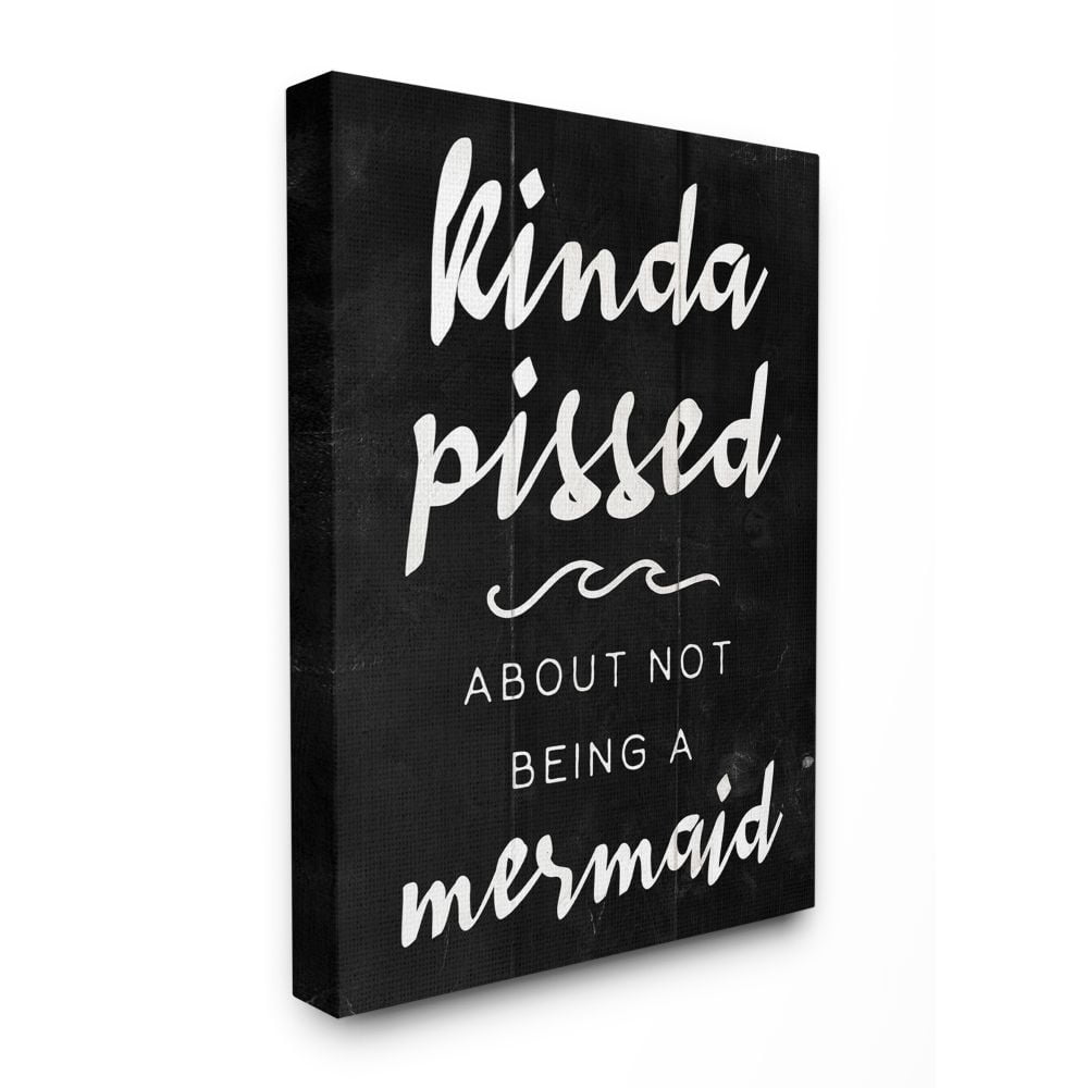 Stupell Industries Mermaid Funny Word Girls Black And White Wood Textured Design Canvas Wall Art by Daphne Polselli