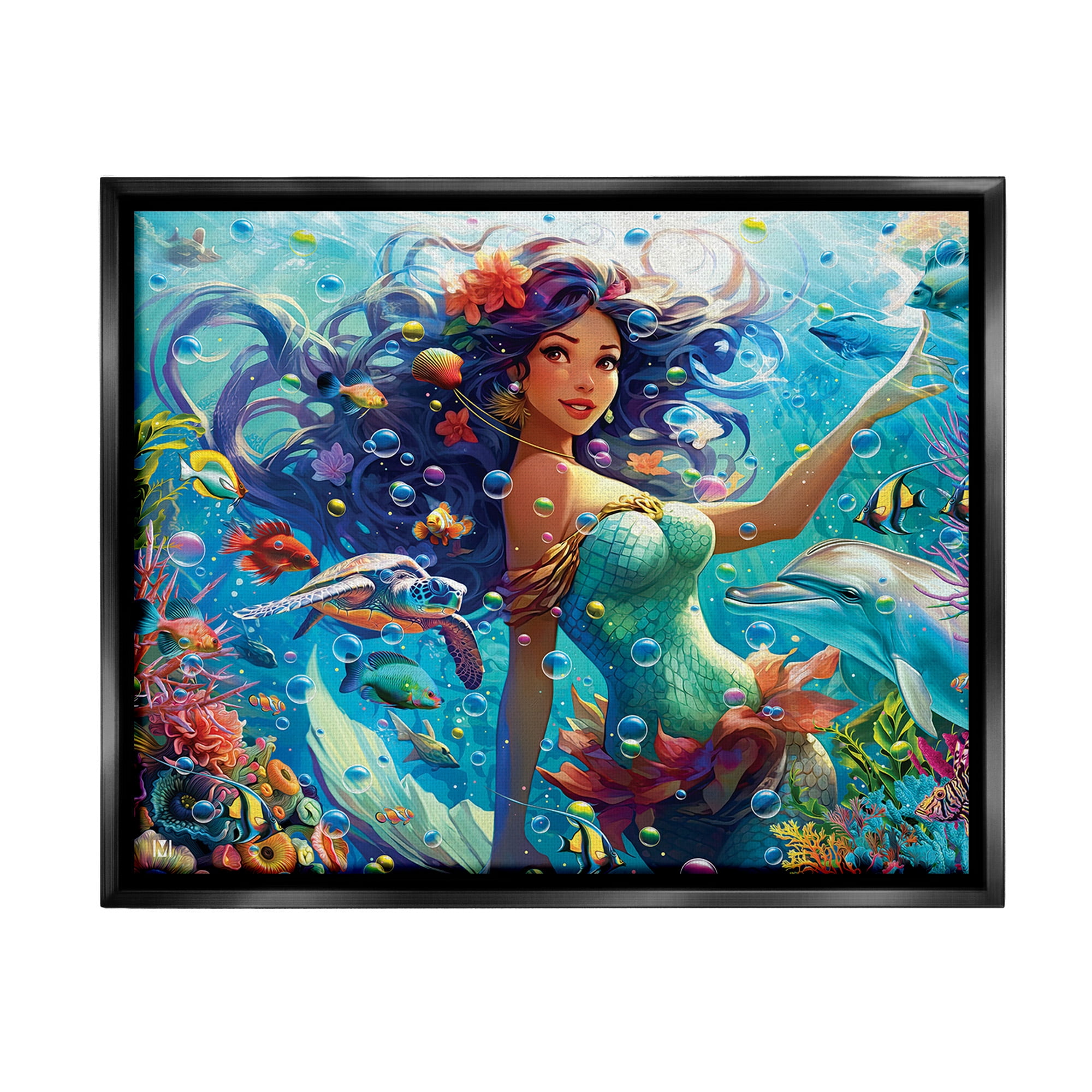 Stupell Industries Mermaid & Marine Animals Fairy Tales & Fantasy Painting Black Floater Framed Canvas Art Print Wall Art, 31 x 25