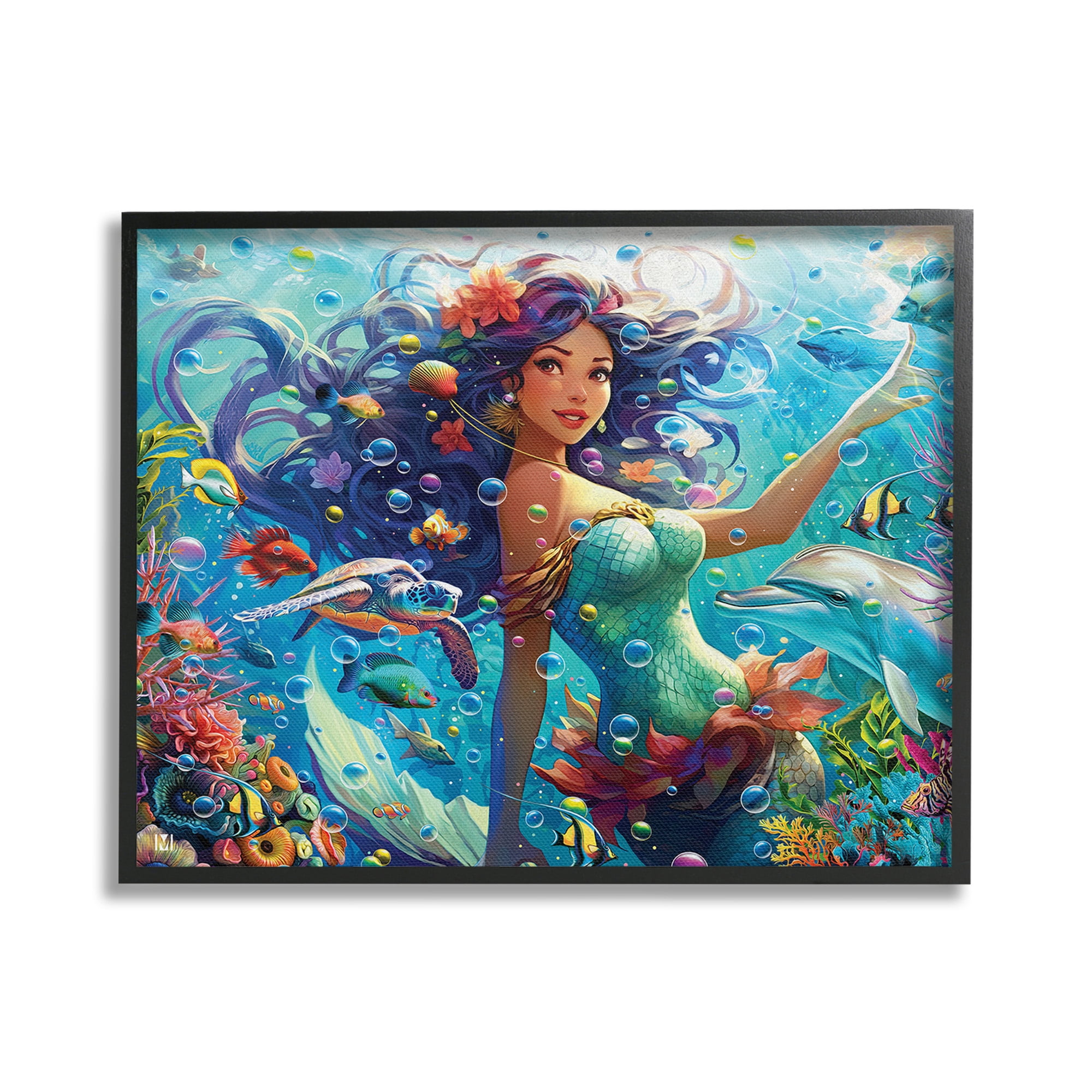 Stupell Industries Mermaid & Marine Animals Fairy Tales & Fantasy Painting Black Framed Art Print Wall Art, 30 x 24