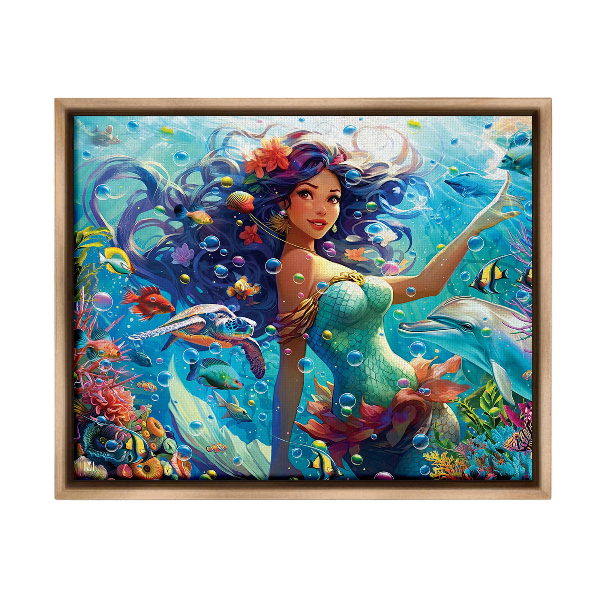 Stupell Industries Mermaid & Marine Animals Fairy Tales & Fantasy Painting Brown Floater Framed Canvas Art Print Wall Art, 21 x 17