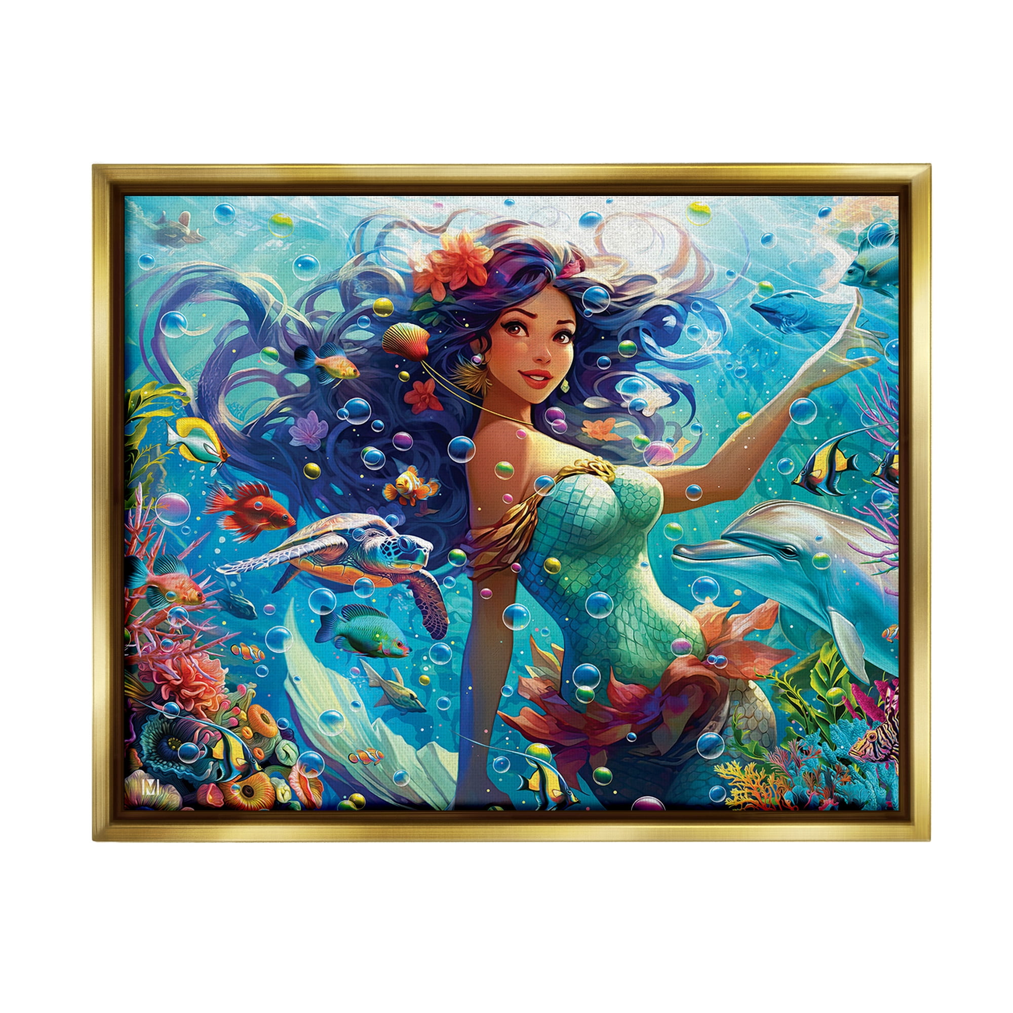 Stupell Industries Mermaid & Marine Animals Fairy Tales & Fantasy Painting Gold Floater Framed Canvas Art Print Wall Art, 31 x 25