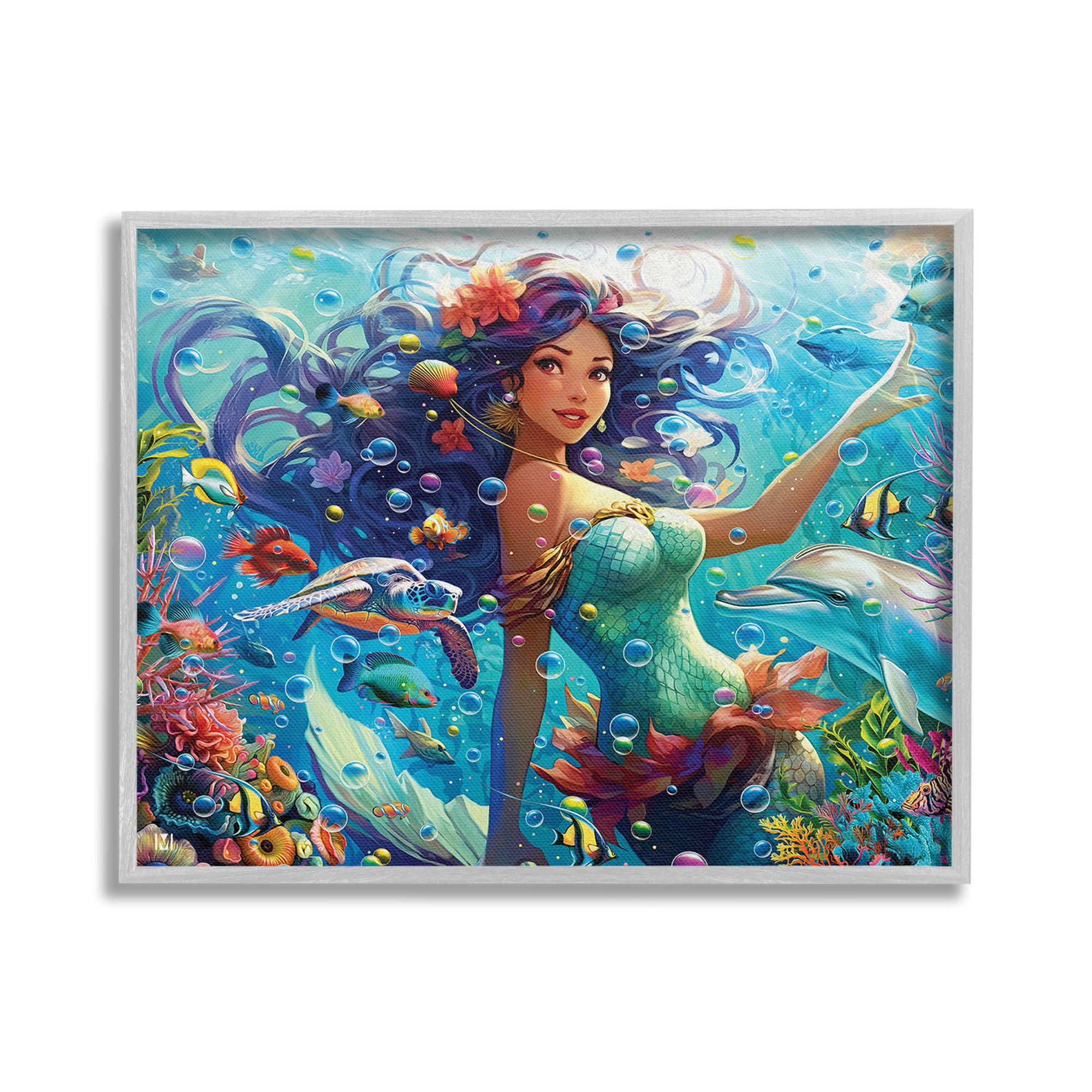 Stupell Industries Mermaid & Marine Animals Fairy Tales & Fantasy Painting Gray Framed Art Print Wall Art, 30 x 24