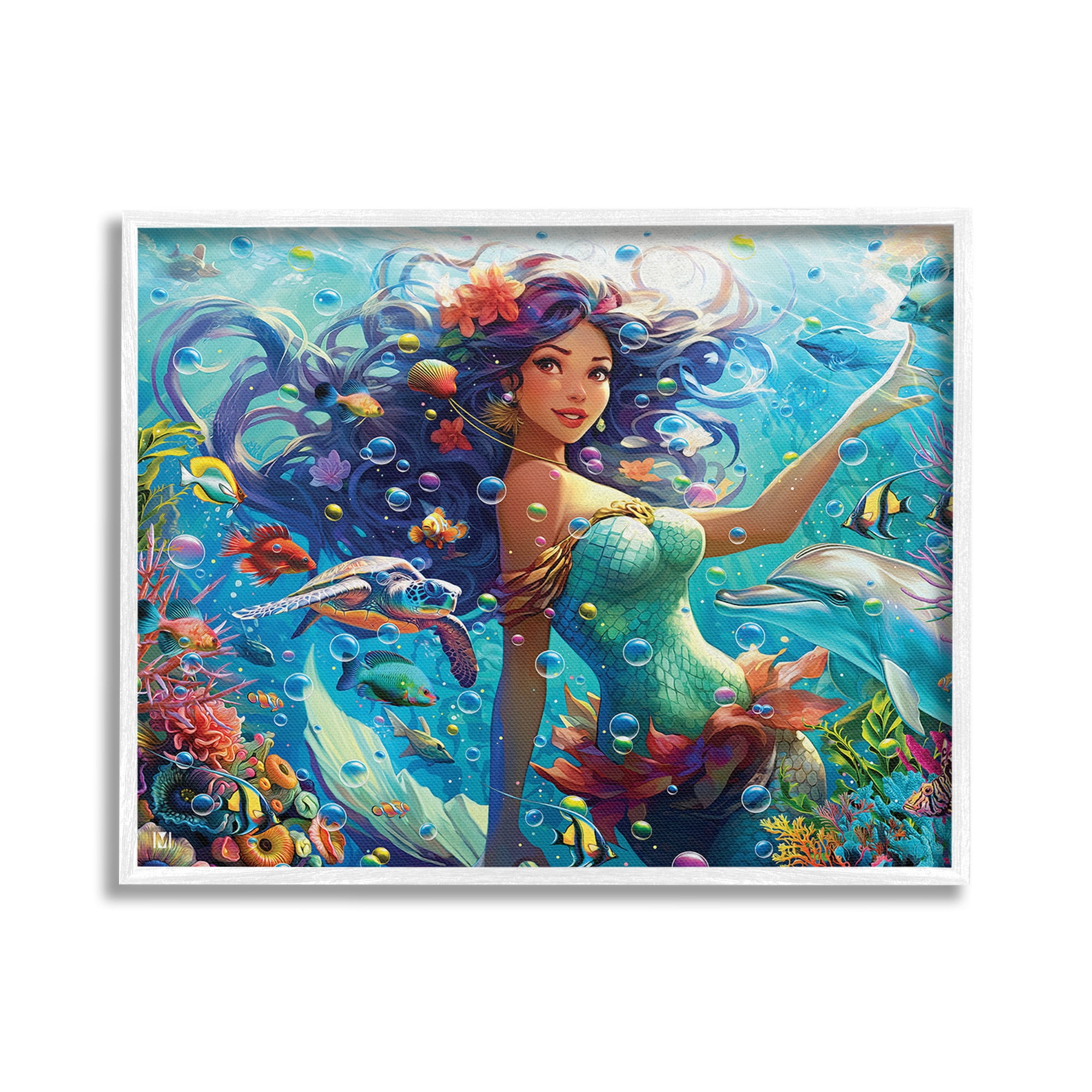 Stupell Industries Mermaid & Marine Animals Fairy Tales & Fantasy Painting White Framed Art Print Wall Art, 20 x 16