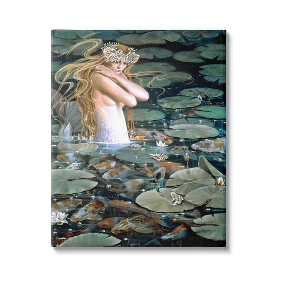Stupell Industries Mermaid Swimming Among Water Lilies Koi Pond Painting Gallery Wrapped Canvas Print Wall Art, Design by Sheila Wolk