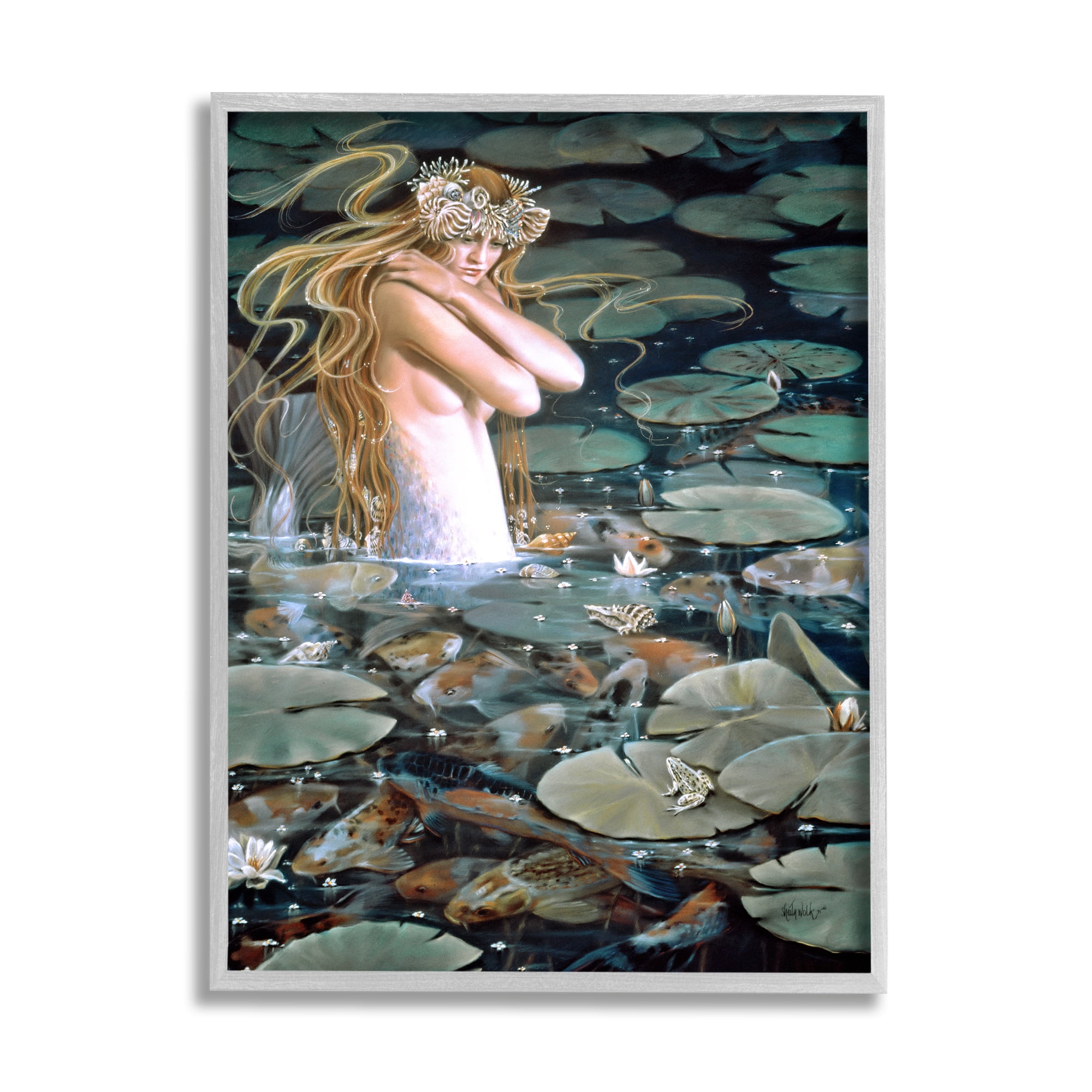 Stupell Industries Mermaid Swimming Among Water Lilies Koi Pond Painting Gray Framed Art Print Wall Art, Design by Sheila Wolk